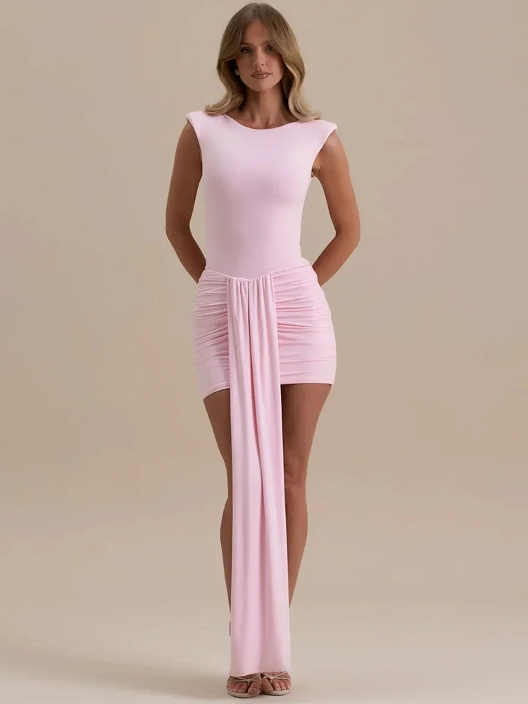 XIAOTANG Bezrękawnik Sukienka Tank Seksowna Marszczona Damska Moda Różowa Patchworkowa Dekolt O Bodycon Klubowa Sukienka na Imprezę Elegancka 2025