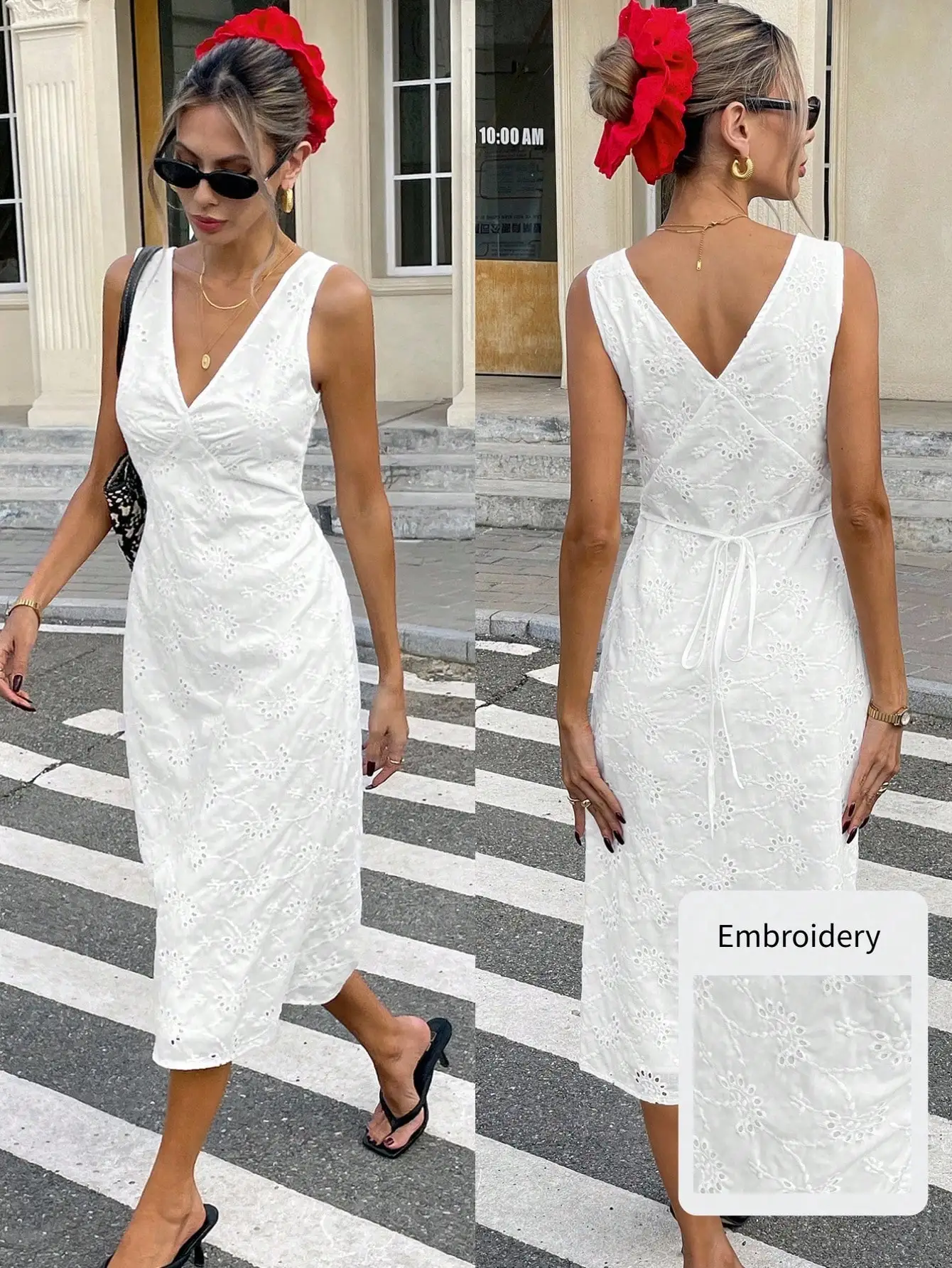 

White Embroidered V-Neck Sleeveless Wrap Dress with Tie Waist