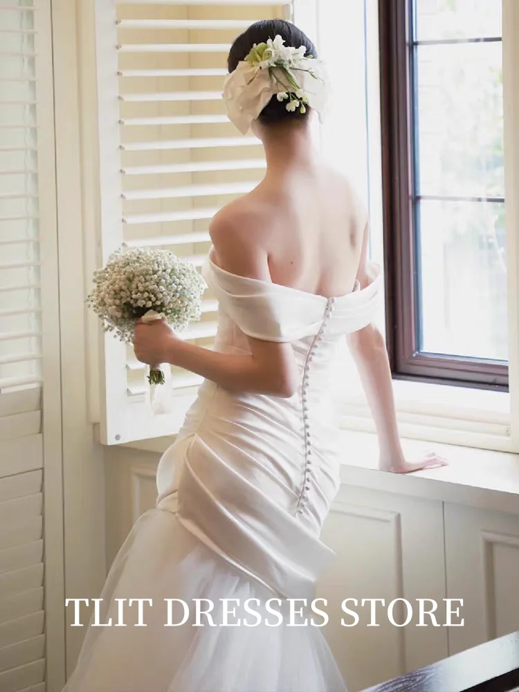 TLIT Elegant Draped Satin Wedding Dress Off Shoulder Button Bridal Gown Korea Wedding Dress Photos Shoot Customized 웨딩드레스