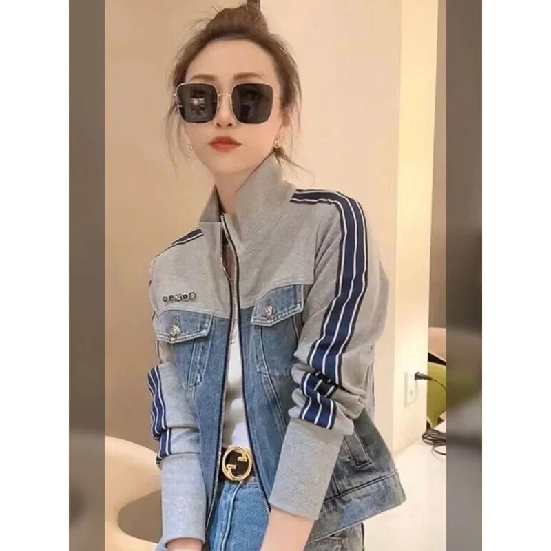 2024 New Spring Autumn Vintage patchwork Denim Jacket Women\'s Korean Slim zipper Short Standing Collar Long Sleeved Jeans Top