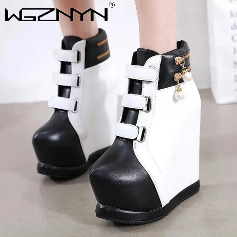 Luxury Wedges Shoes for Women Ankle Boots Mujer Thick Bottom Pearl Sexy High Slope Aurumn Winter Shoe Ladies Platform High Heels