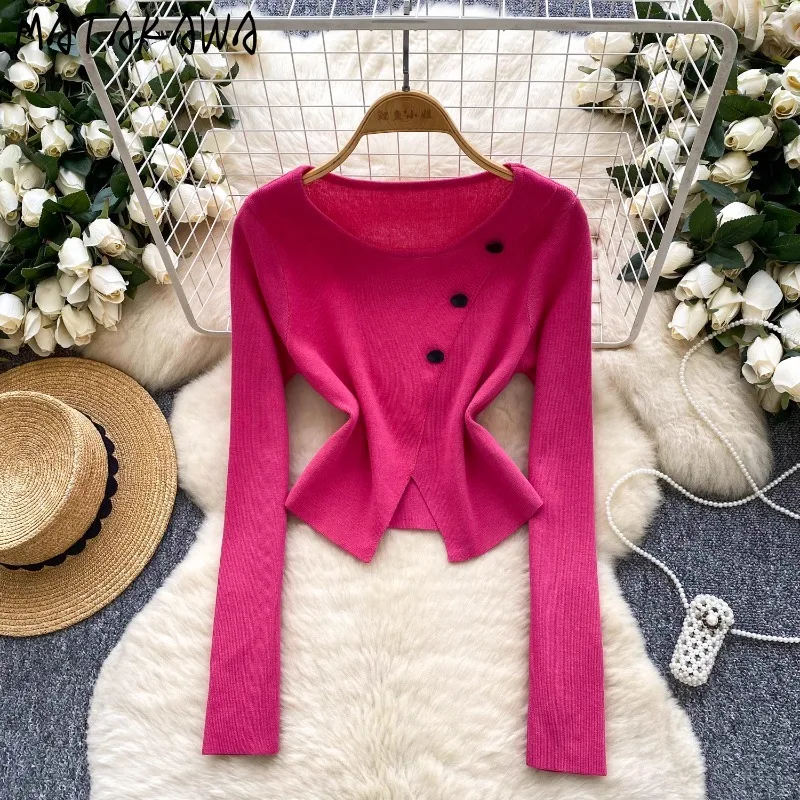 

Matakawa Woman Sweaters Solid Irregular Slit Autumn Winter Short Pullovers Basics Buttons Korean Fashion Vintage Pull Femme