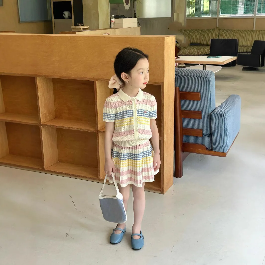 Costume d'été pour filles, vêtements pour enfants, Style coréen, jupe Cardigan à rayures colorées à nouer, deux ensembles décontractés pour tous les jours, nouvelle collection 2025