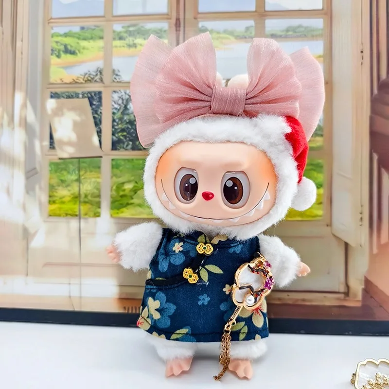 Nieuwe stijl Qipao-jurk voor 17 cm Labubu-poppen, traditionele Cheongsam-outfit met borduurwerk voor vinylkunstspeelgoedcollectie