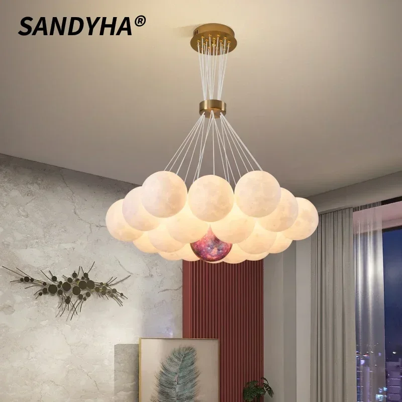 SANDYHA Modern Decor Children's Bedroom Chandeliers 3D Printed Moon Lampshade LED Pandent Lamp Living