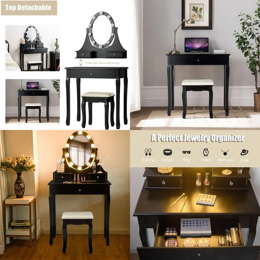 

Туалетный столик с LED-подсветкой и мягким стулом, романтический туалетный столик для спальни, идеальный подарок для девушек, черный