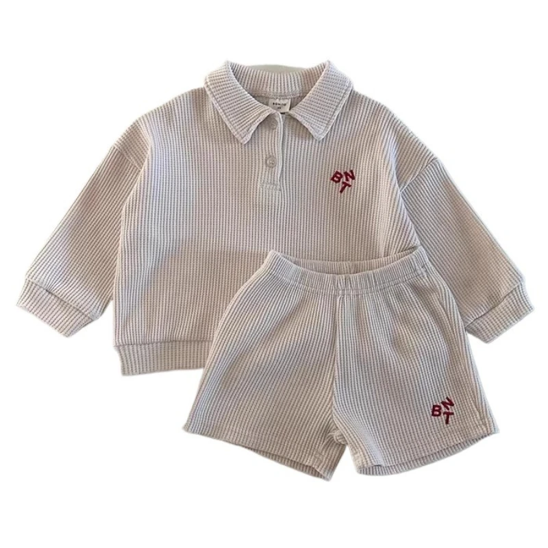 2025 Children's Summer New Soft Waffle Solid Color Cotton Polo Collar Top and Shorts Two Piece Set