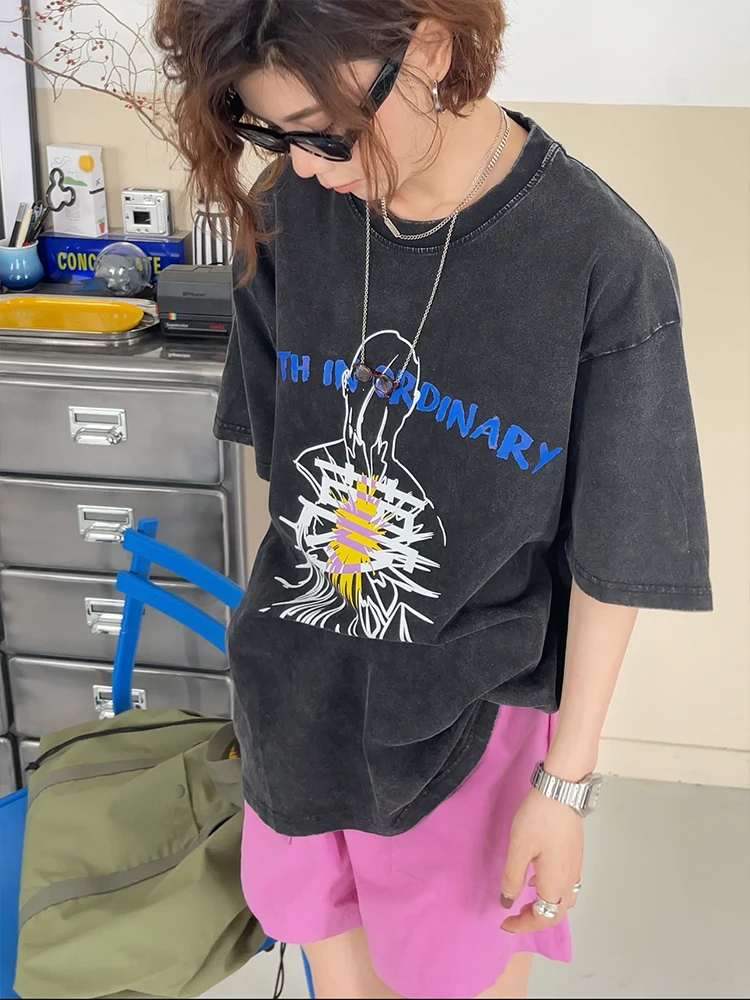 

5Eleven Original Pattern Screen Print T-irt Street Sle Summer Loose Cotton round Ne ort Sve Women's Top