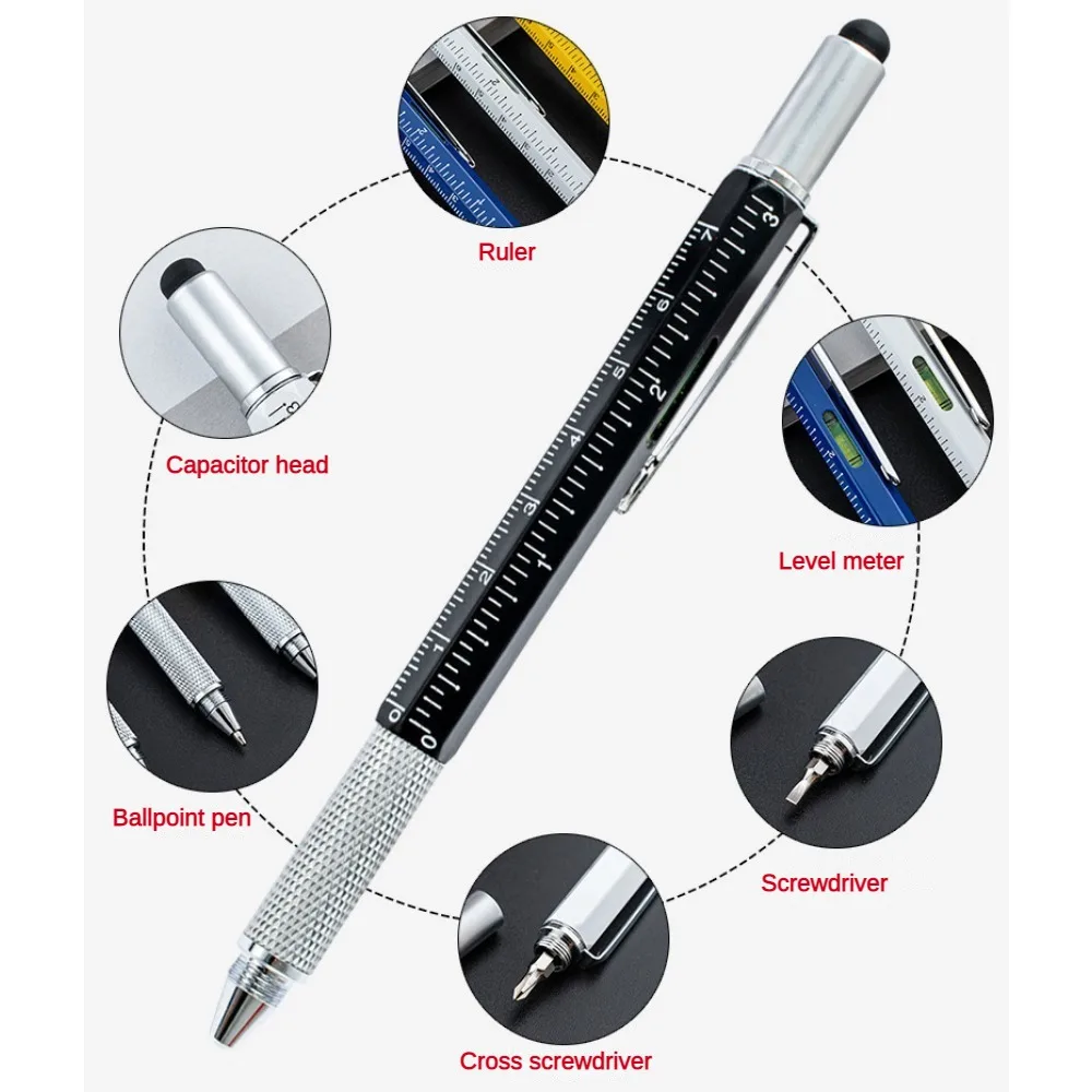 قلم حبر جاف متعدد الوظائف ، 7 في 1 ، أداة حديثة محمولة باليد ، تكنولوجيا القياس ، مسطرة ، مفك براغي ، شاشة تعمل باللمس ، قلم مستوى