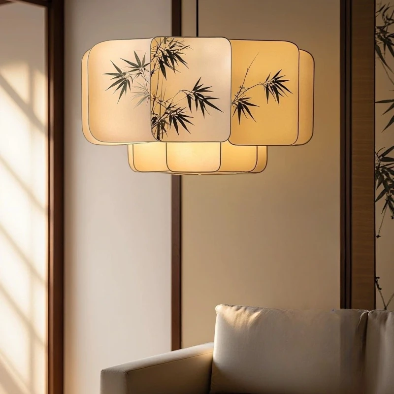 Song Dynasty aesthetic fabric art bamboo leaf ink painting literati living room chandelier zen dining room chandelier bedroom