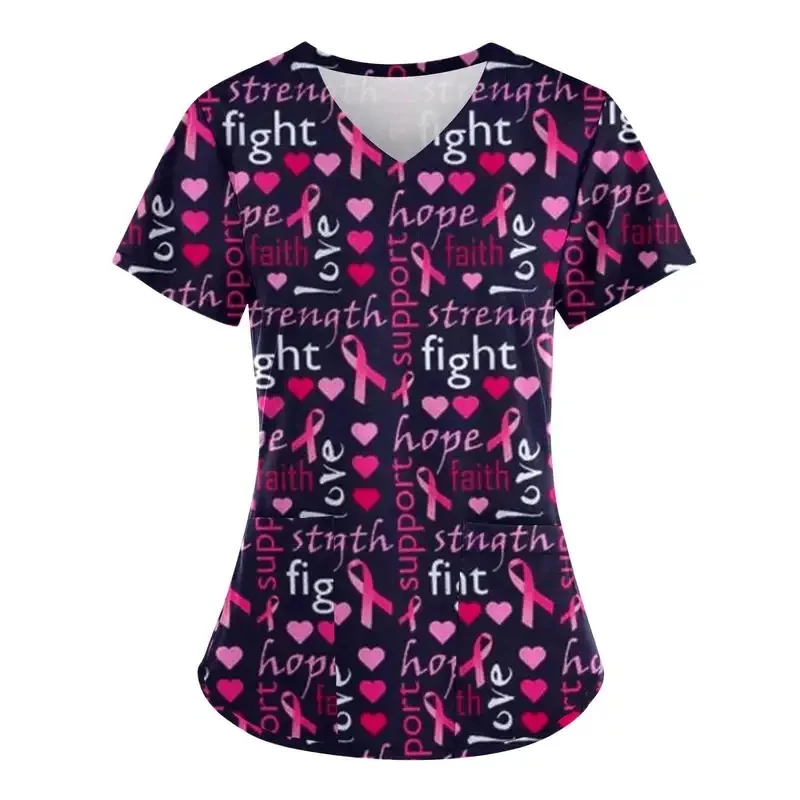 Scrubs - Women's Cancer Awareness Medical Uniform, Short-Sleeved V-Neck Shirt with Pockets, Pink