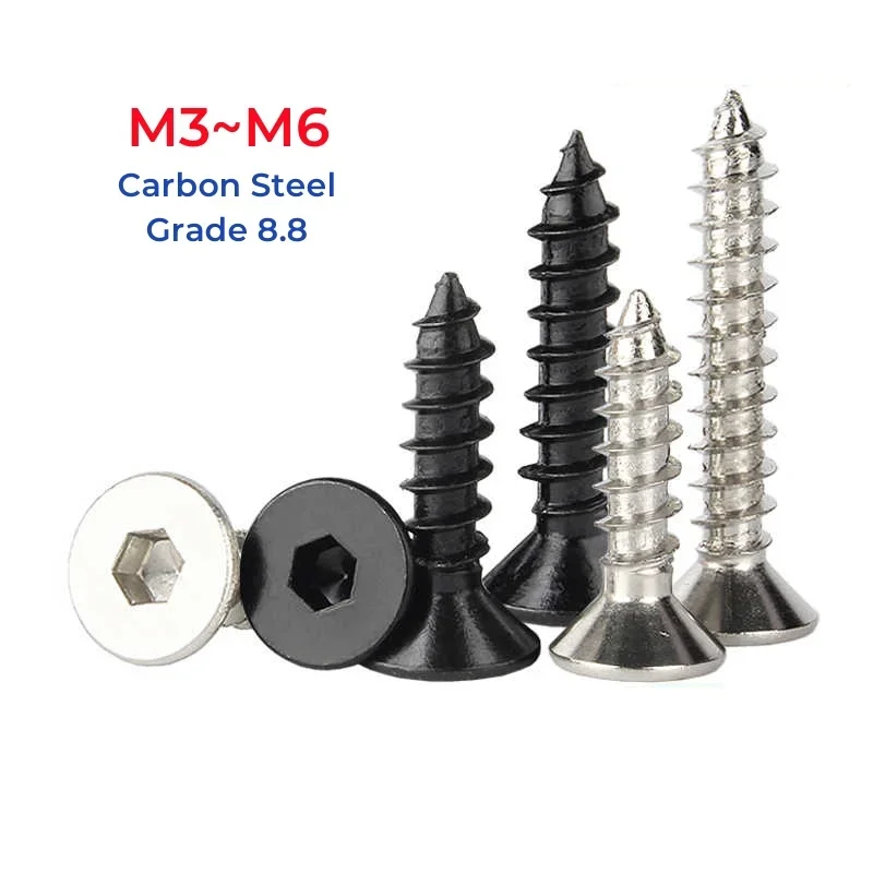 Grade 8.8 Nickel Plated Black Carbon Steel Hexagon Flat Countersunk Head Tapping Screw M3~M6 Hex Socket Head Self Tapping Screws