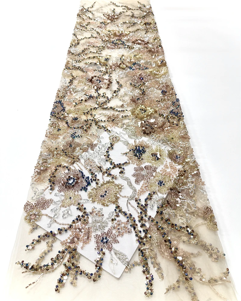 

2026 Luxury French Mesh Lace Fabric with Beaded Sequins for African Nigerian Style Wedding Dresses Embroidery Sewing Material