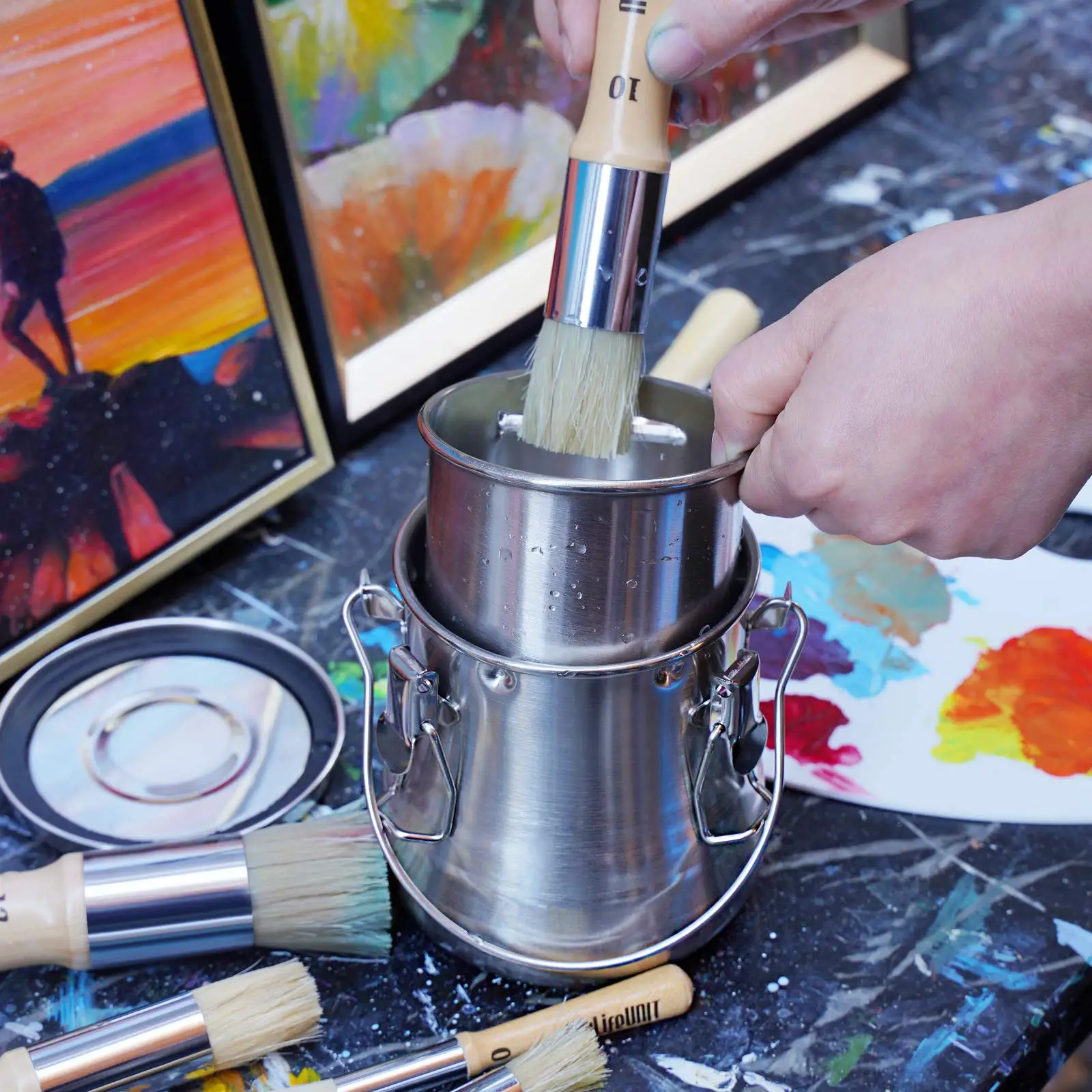 غسالة فرشاة الرسم الزيتي، وعاء زيت من الفولاذ المقاوم للصدأ مع فلتر مسامي قابل للإزالة، منظف فرشاة طلاء من الفولاذ المقاوم للصدأ