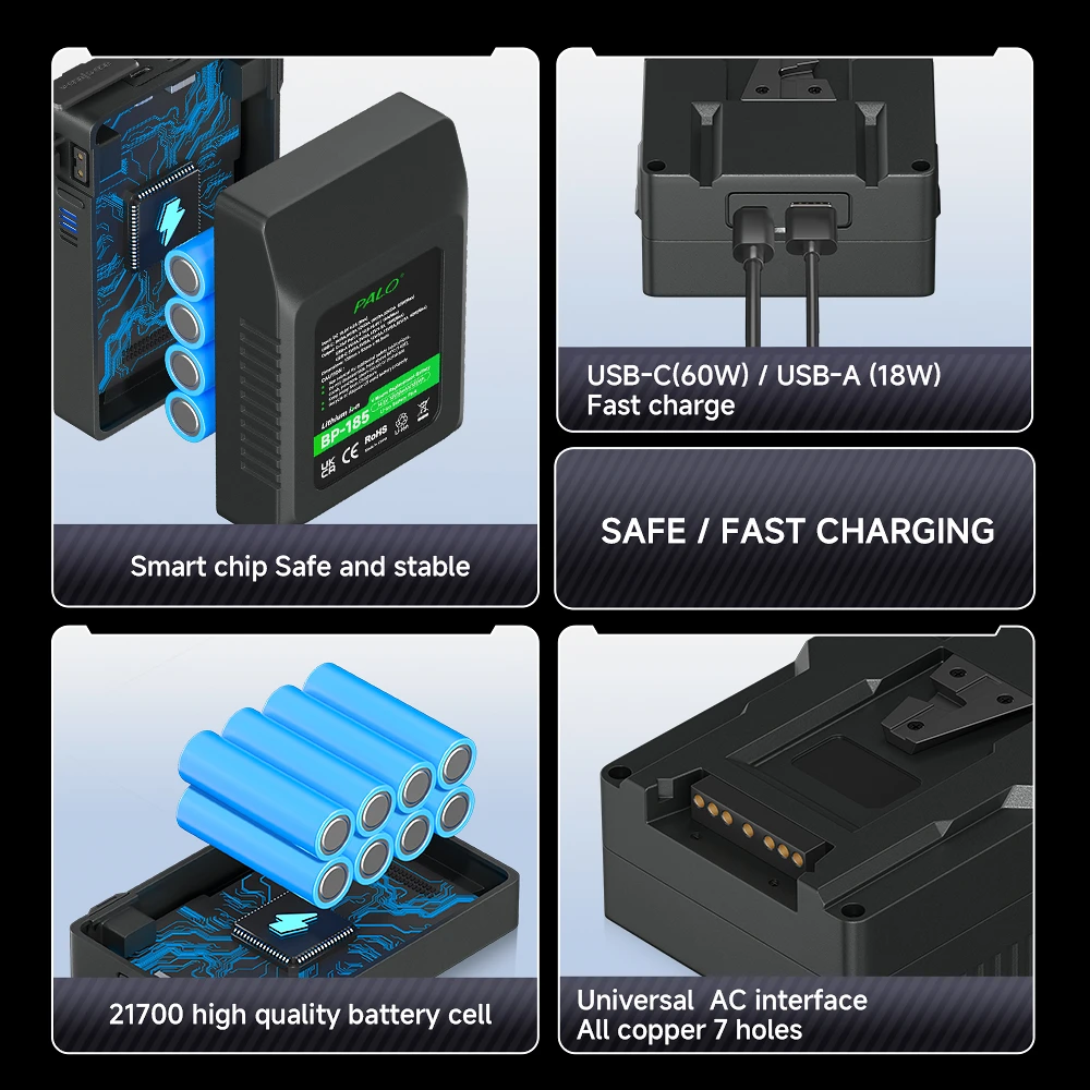 PALO Mini V Mount Battery BP-95/99/185/199 V Lock Batteries BP Portable Bateria for Sony Camcorder Camera Video Light Blackmagic