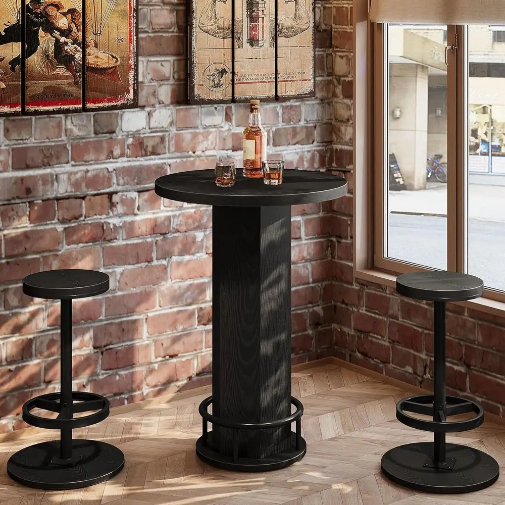 

Compact 3-Piece Dining Set for Two, Round Kitchen Table with Pair of Chairs, Black Tall Bar Table, Space-Saving Pub Table for Ap