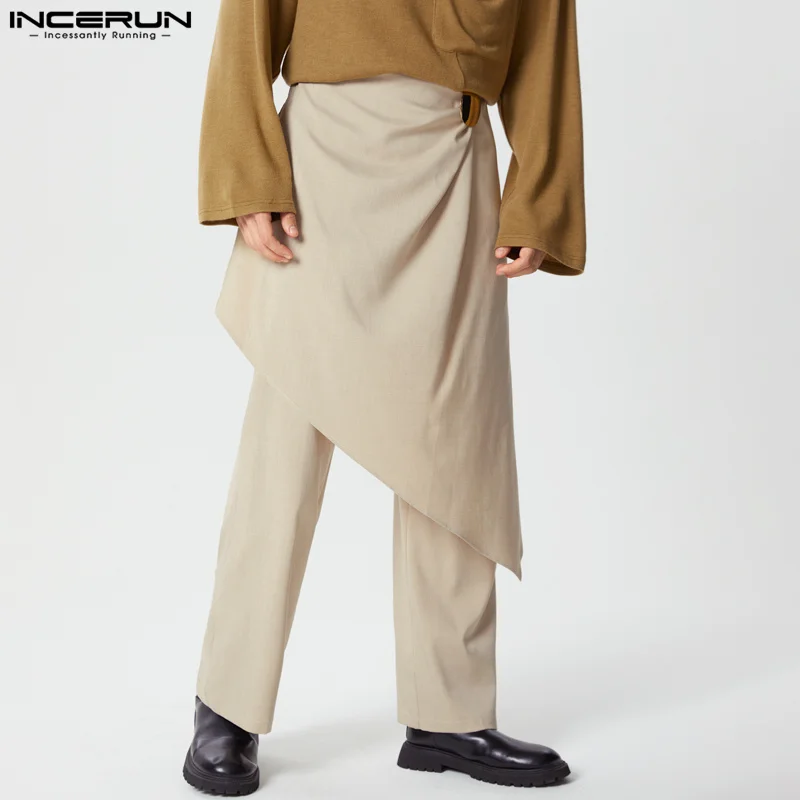 INCERUN 2024 American Style Stylish Pants New Mens Fake Two-piece Design Skirts Trousers Male Clubwear All-match Loose Pantalons