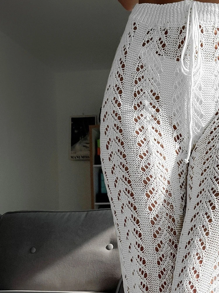 Women's casual summer clothing semi transparent elegant knitted wide pants comfortable drawstring