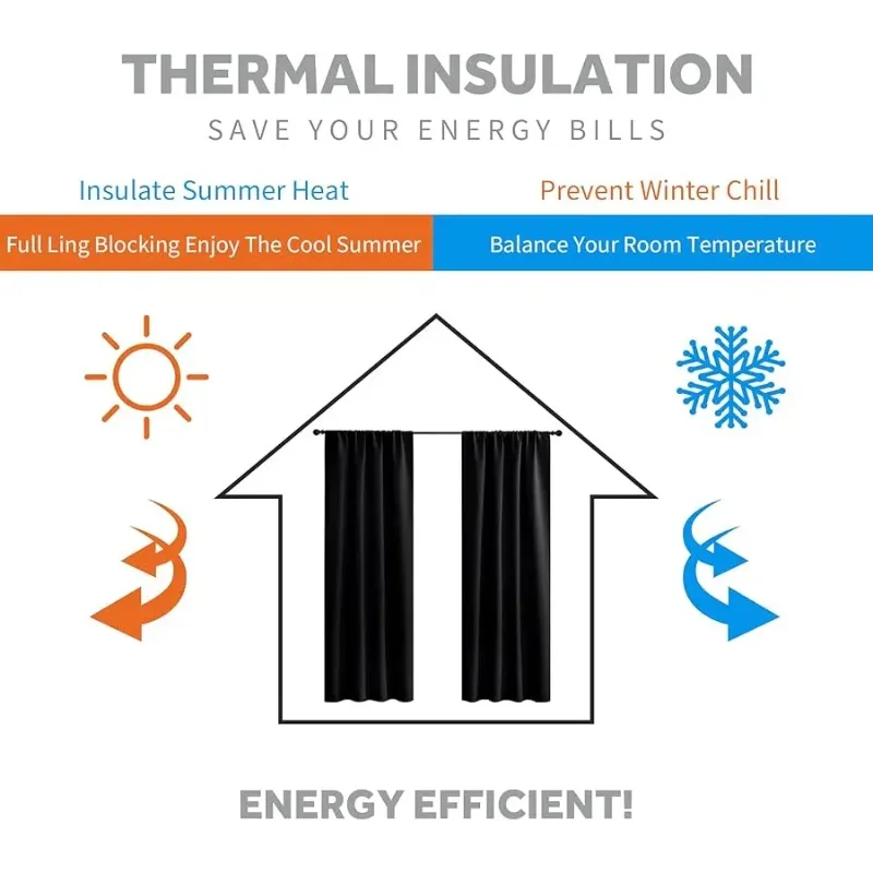 ستائر تعتيم غرفة النوم - ستائر سوداء معزولة بلوك ضوء الشمس ستائر الطاقة Sa ing لغرفة النوم وغرفة الطعام، 42 ×