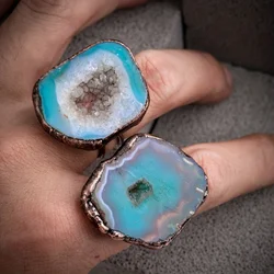 YEEVAA 1PC Blue Natural Agate Quartz Geode Druzy Ring Healing Irregular Crystal Adjustable Handmade Jewelry Gift