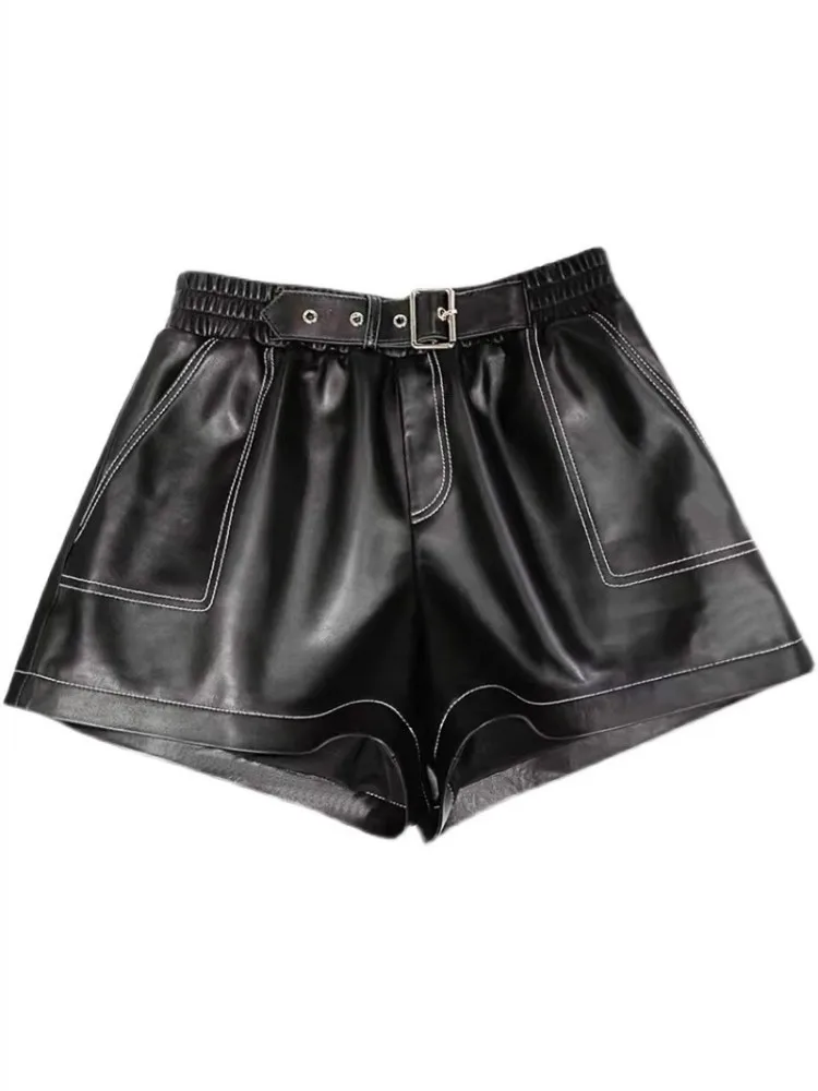 Sheepskin Genuine Leather Shorts Women Belted Elastic Waist Wide Leg Flare Trousers Casual Streetwear Sewing Real Leather Shorts