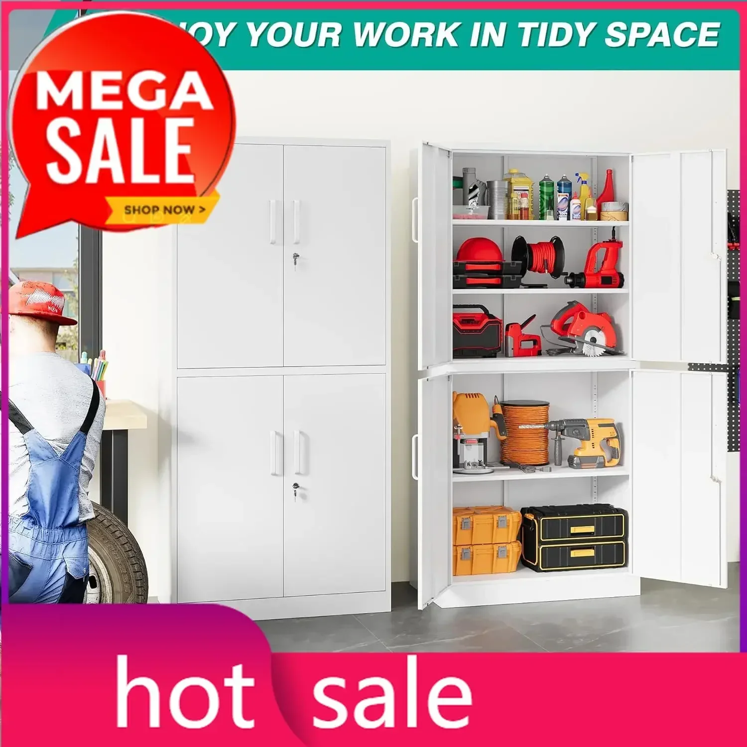 Metal Storage Cabinet with 3 Adjustable Shelves,White Storage Cabinet with Lock,71