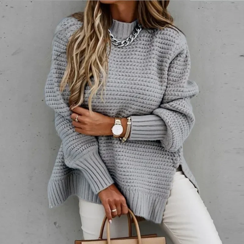 Knit Sweaters Women Half High Collar Full Sleeve Thick Splice Jumpers Solid Casual Split Pullovers Office Lady Elegant 2024