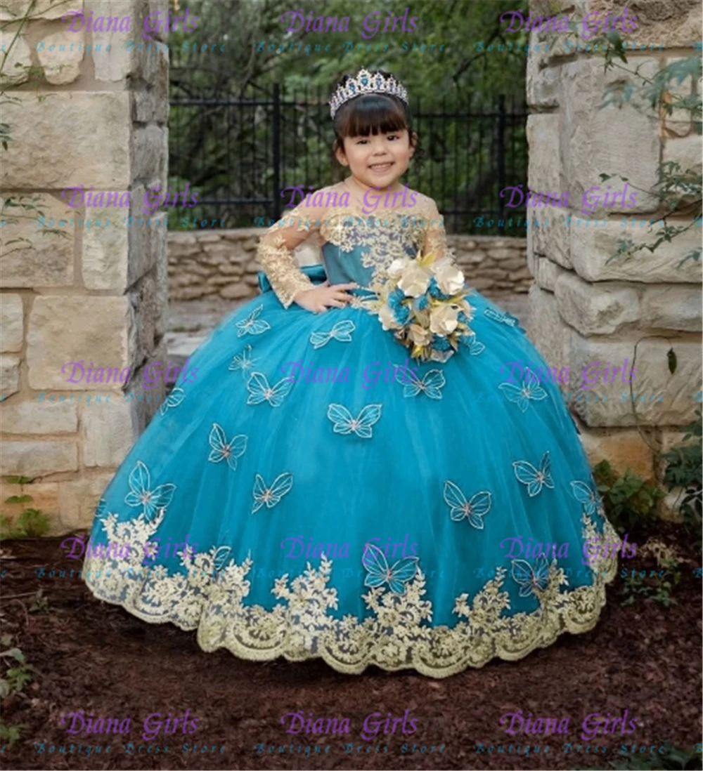 Quality Luxury Blue Tulle Fluffy with Applique Flower Girl Dress for Wedding Little Princess Kids Birthday Party Evening Gowns