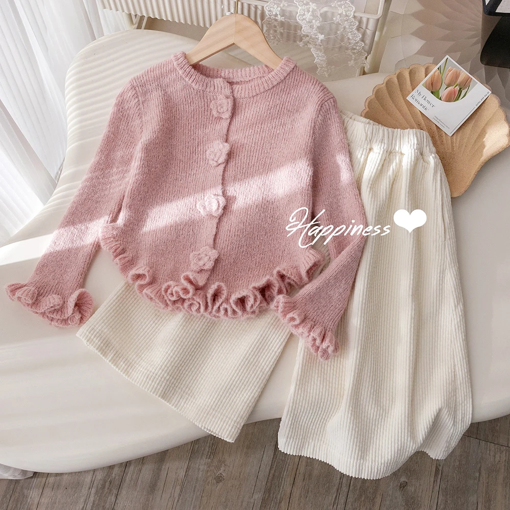 

Children Clothes Sets Spring Kids Girls Floral Button Knit Cardigans Tops+Pants 2Pcs Cute Pink Knitted Coats Sweater Suit 1-6T