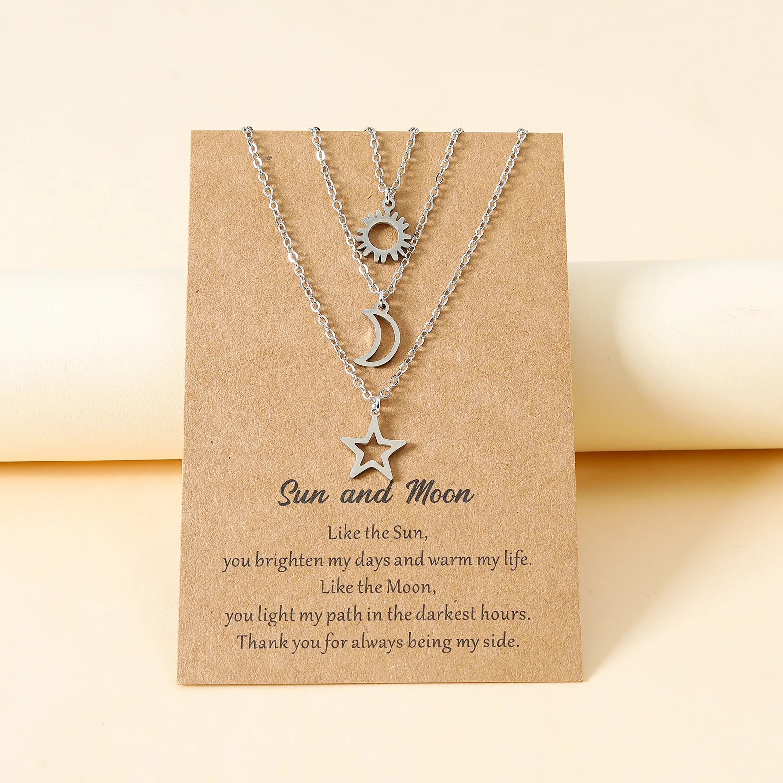 2023 New Hollow Stainless Steel Sun Moon Star Card Necklace Couple Collar Chain Set Women\'s Versatile Gift Wholesale