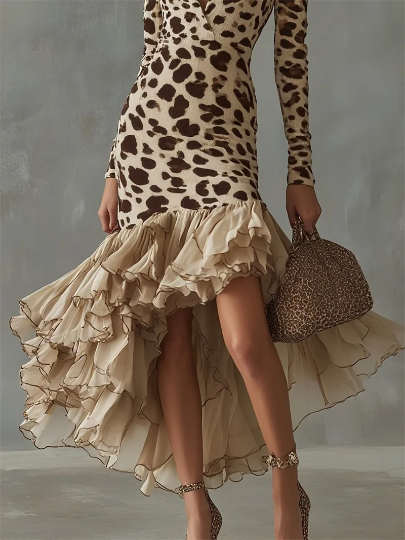Printed Prom Dress Sexy V Neck Full Sleeves Long Ruffles Hem Party Gown Formal Wedding Guest Birthday Evening Robe