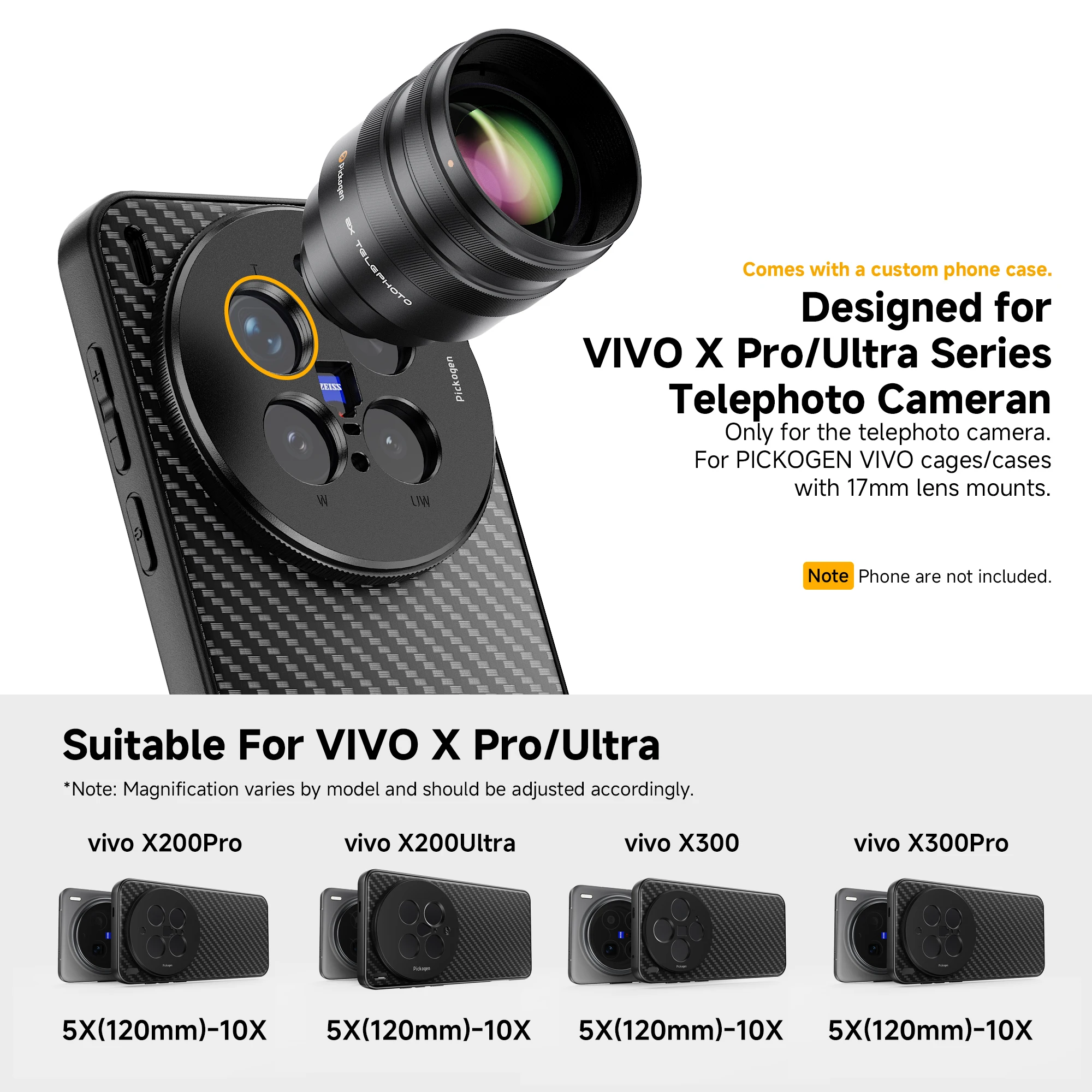 피코젠 2X 휴대폰 카메라 망원렌즈 컨버터, 240mm 텔레컨버터 (폰케이스 포함) vivo X300 pro/X200 ultra용