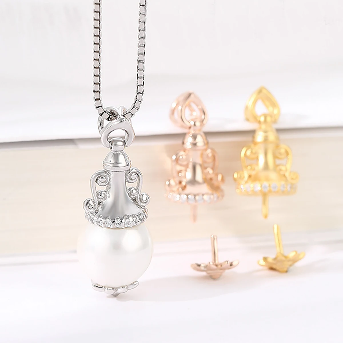 925 Sterling Silver Exquisite Lamp Design Pendant Empty Holder Fit 8-12MM Half Drilling Pearl DIY Necklace Charm Jewelry Making