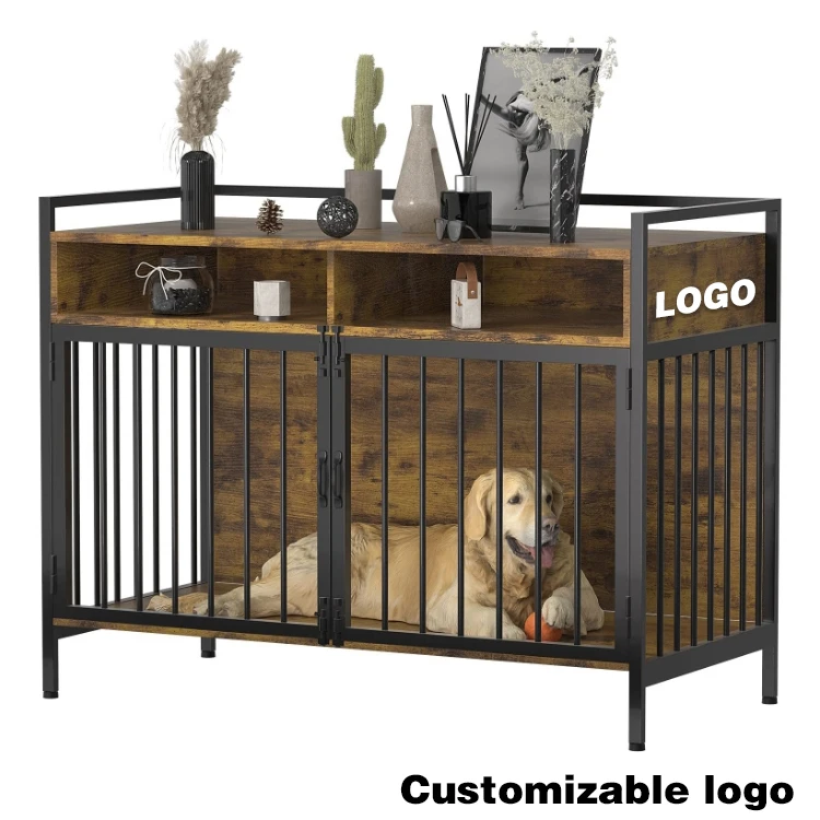 Custom Dog Cages Metal Kennels Wooden Dog Cage Furniture Indoor Double Door Table Pet Cages For Large Dogs