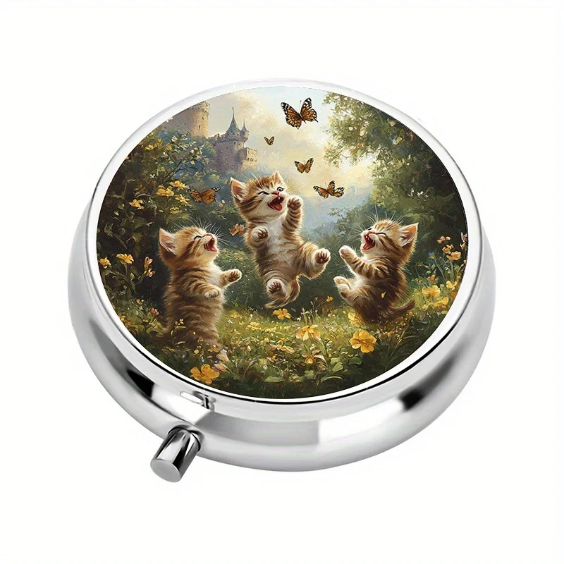 1-Pack Three-Compartment Cute Kitten Butterfly-Themed Mini Pill Box, Pill Storage Box, Easy to Carry, Unique Gift