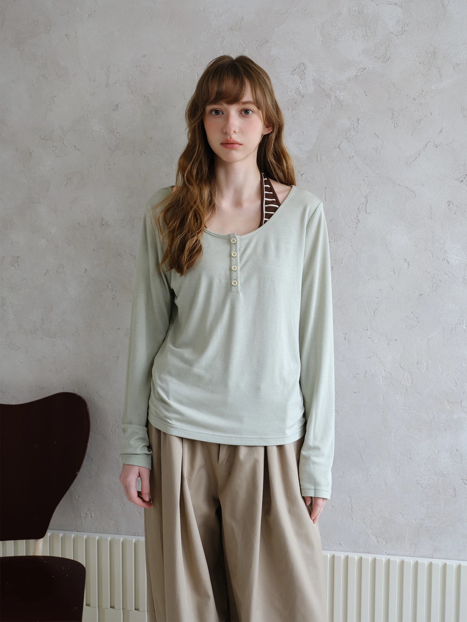 

Amweird Spring 26ss Long Sve T-irt Wool Lyocell Ne Hanging Base Layer True Two-Piece Set Daily Sle Women's Top