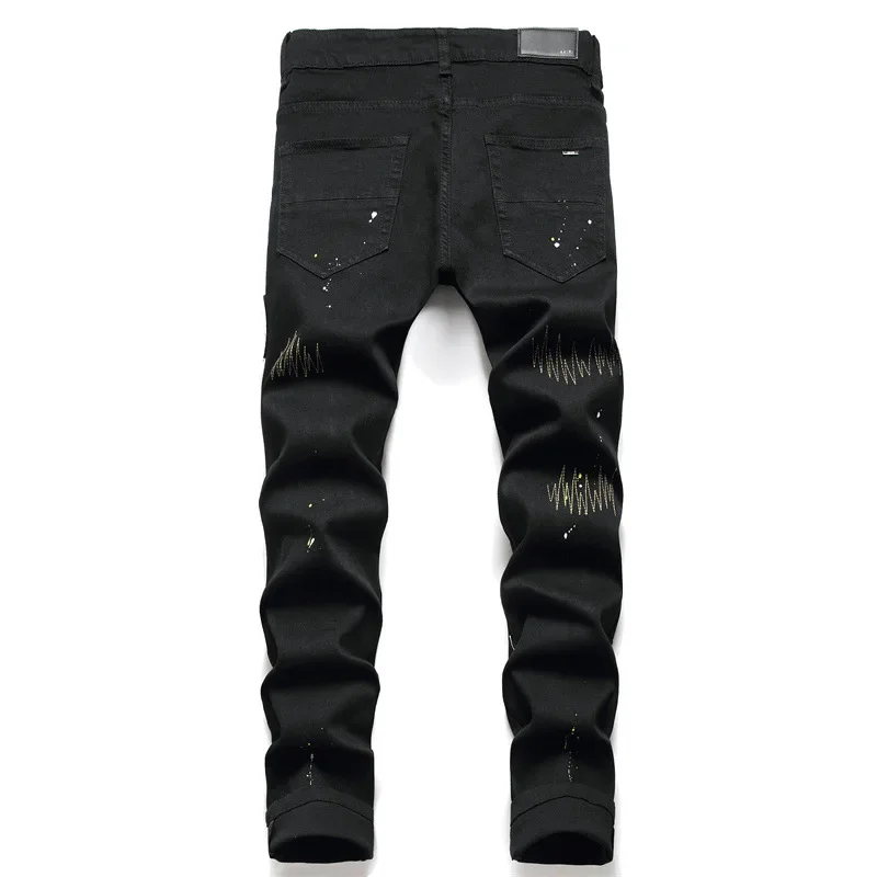 

Men's Punk Style Jeans Ripped Embroidery Rivet Patchwork Denim Pants Streetwear Y2k Slim Stretch Pencil Jeans Trousers Male