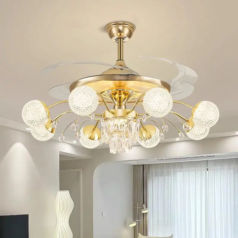 American Ceilling Fan Lights Luxury Invisible Dining Room Villa Bedroom Crystal Intelligent Silent Ceiling Fan Lamps Ornaments