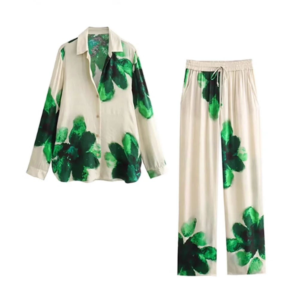 

Green Floral Print Two Piece Set Casual Long Sleeve Shirt Elastic Waist Straight Pants Smooth Printed Matching Outfit For Women