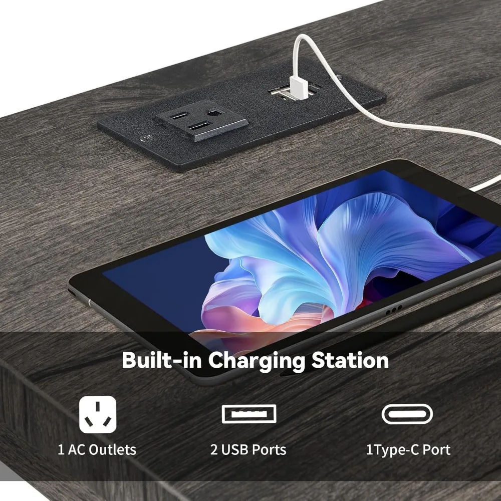 Industrial Bar Table Set with Power Outlet Breakfast Table Behind Couch Table withPadded Stools for Kitchen Living Room Dining