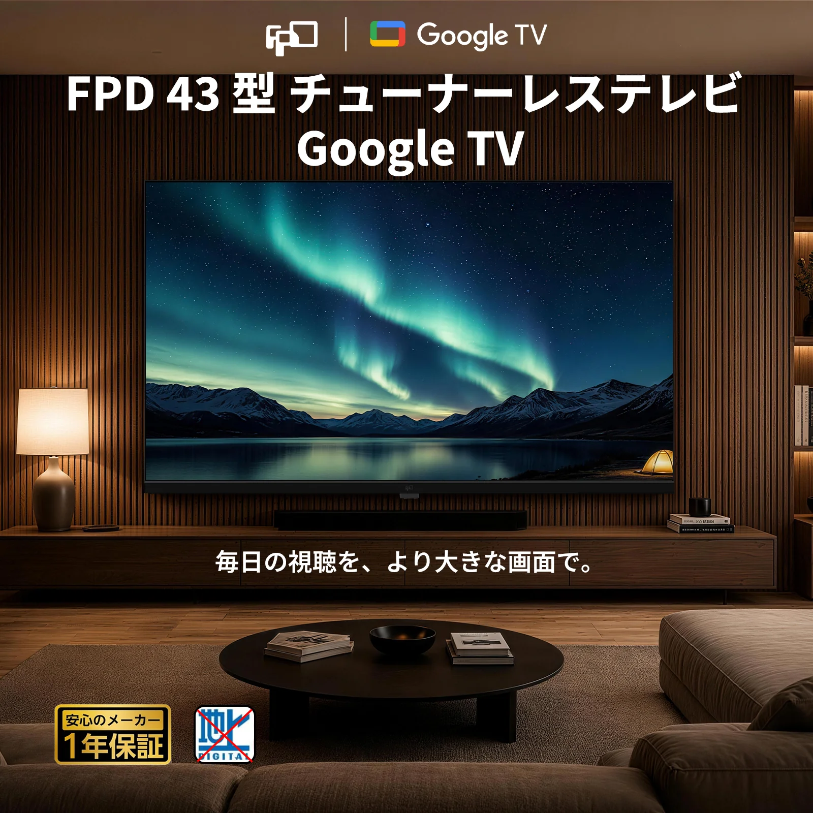 FPD 43V型 チューナーレステレビ Google TV搭載 フルHD液晶テレビ HDR10 Dolby Audio 音声検索 Google Cast VESA対応 CG43-P2-A