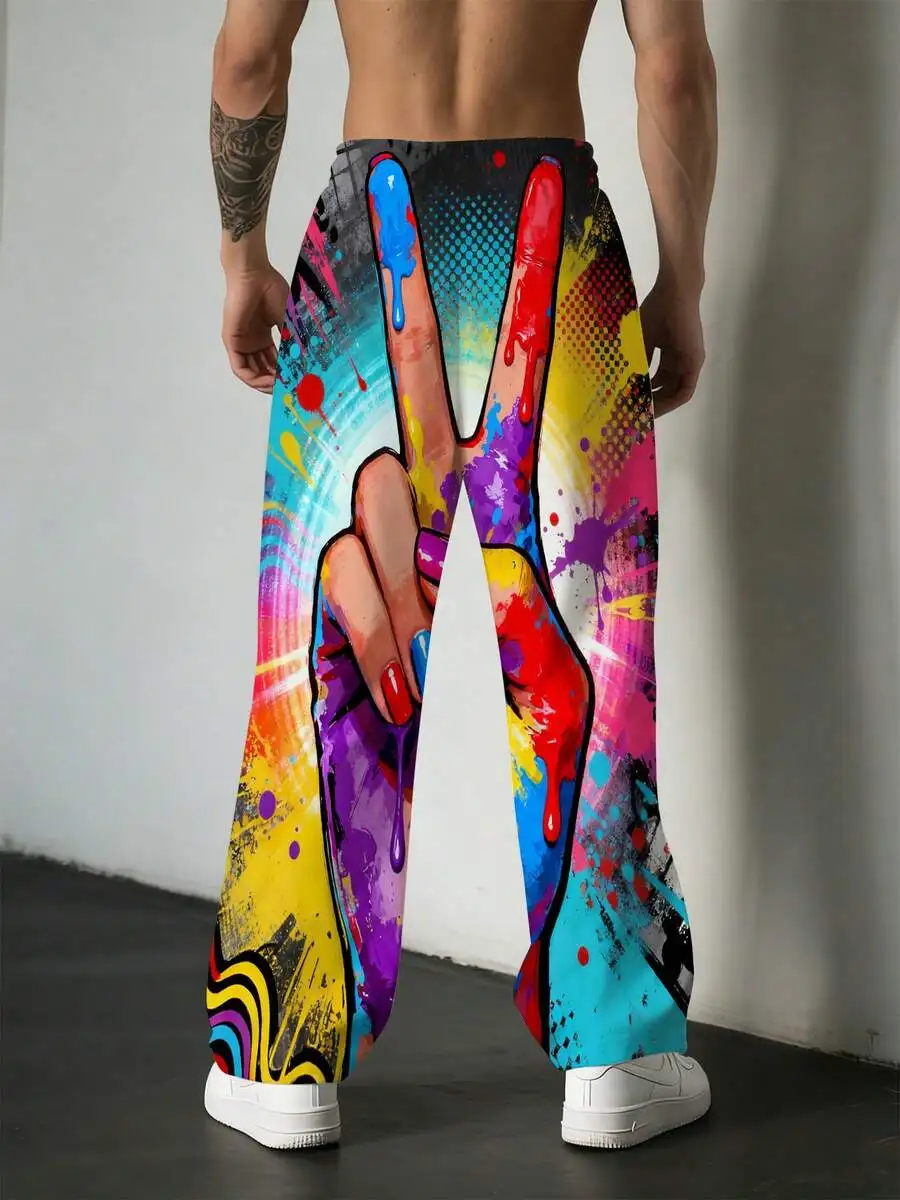 3D Printed Peace Hand Dripping Paint Pattern Loose Fit Casual Beach Pants For Men Summer