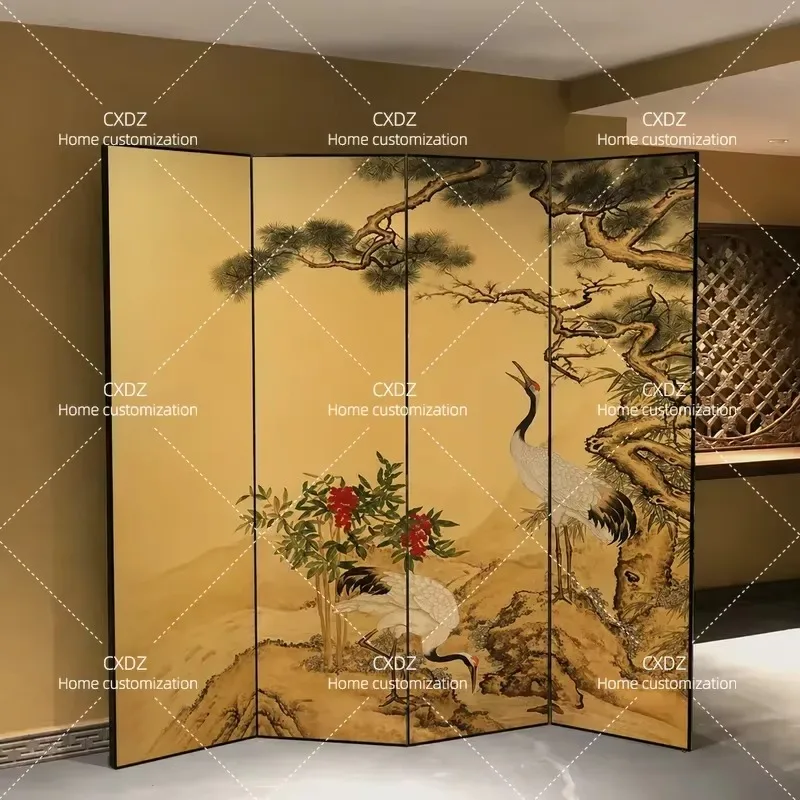 Custom Pine Crane Gold Foil Hand Painted Lacquer Screen Partition Medieval Style Room Divider for Tea Room Hotel Background