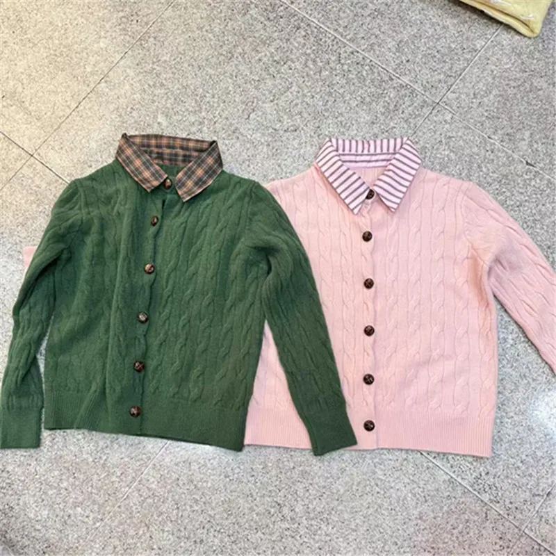 Cardigan women sweater 2026 new fashion twisted checked fake two-piece knitted loose lapel long-sleeved coat sweater clothing