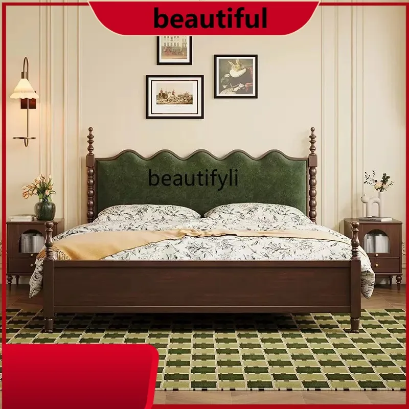 French retro wave bed medium antique solid wood, double master bedroom American bed black soft rest H