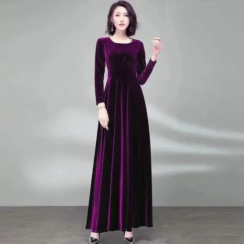 2025 Autumn Gold Velvet Long-Sleeved Dress Waist Temperament Large Swing Long Dresses Women Noble Women's Clothing Lady's