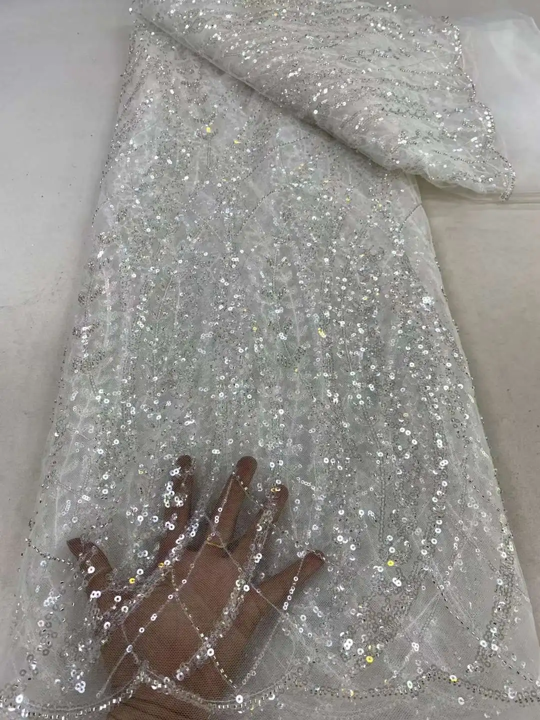 2024 5Yards  Latest High Quality Elegant Embroidery Tulle Sequin Lace With Stones Fabric for Party Evening Dress NN5295_R