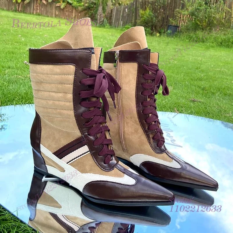 

Flat Vintage Brown Lace-Up Boots Girls Black Leather White Ruffle Patchwork Lace Booties Wedge Heels Mixed Colors Winter Shoes