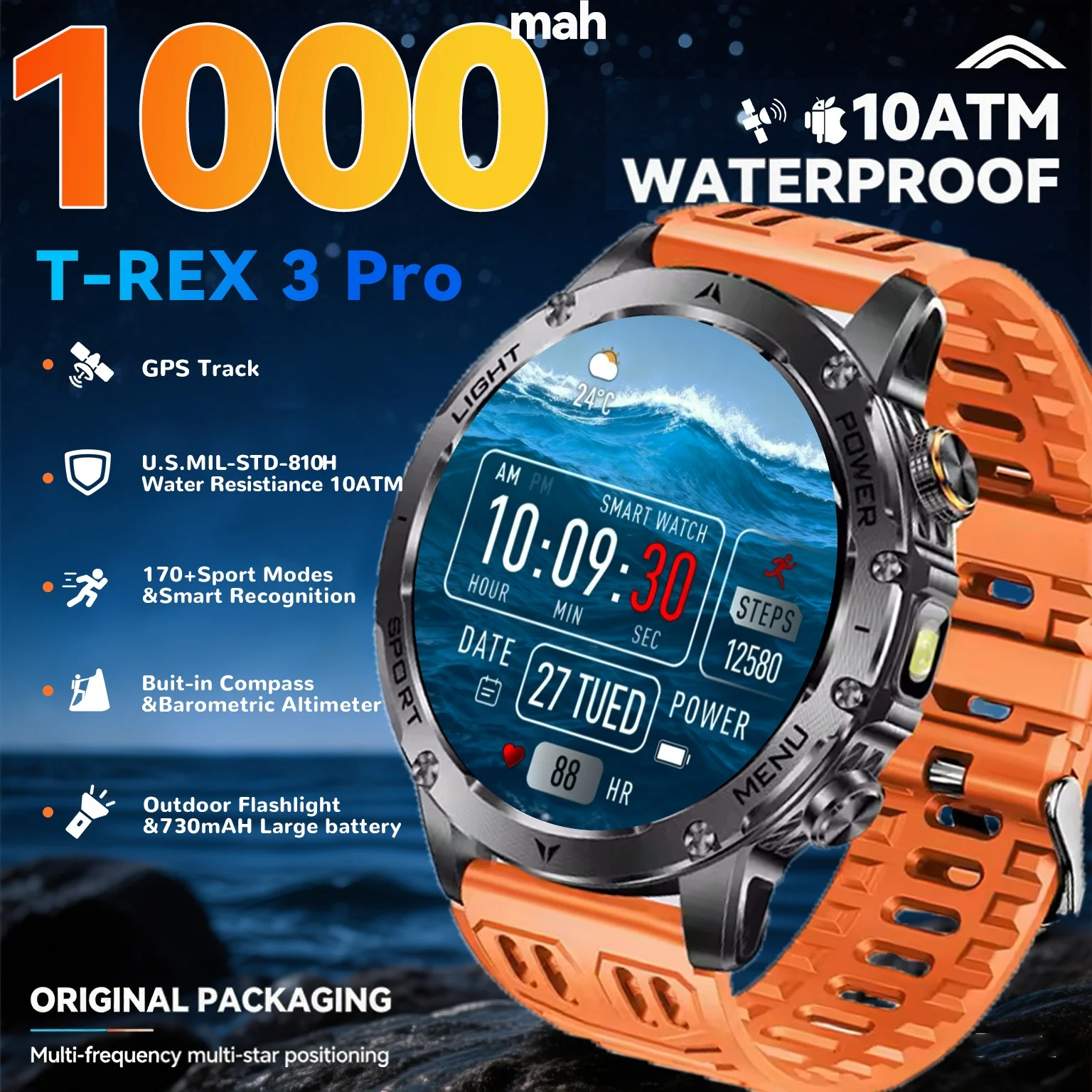 

2025New Outdoor Military SmartWatch 1000mAh HD AMOLED Display Men's Sports Fitness Tracker with LED Flashlight 5ATM Waterproof W