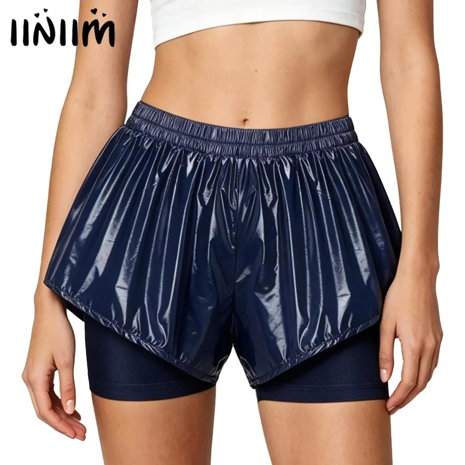 Womens Glossy Double Layer Swimming Shorts Waterproof Booty Shorts with Built-in Breathable Safety Shorts Sports Bottoms